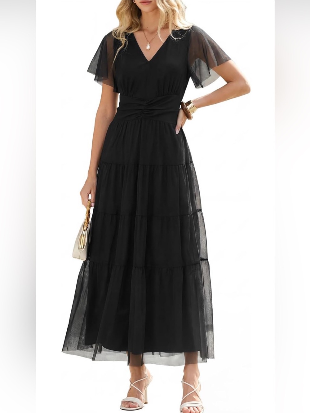 Elegant Black Tiered V-Neck Maxi Dress